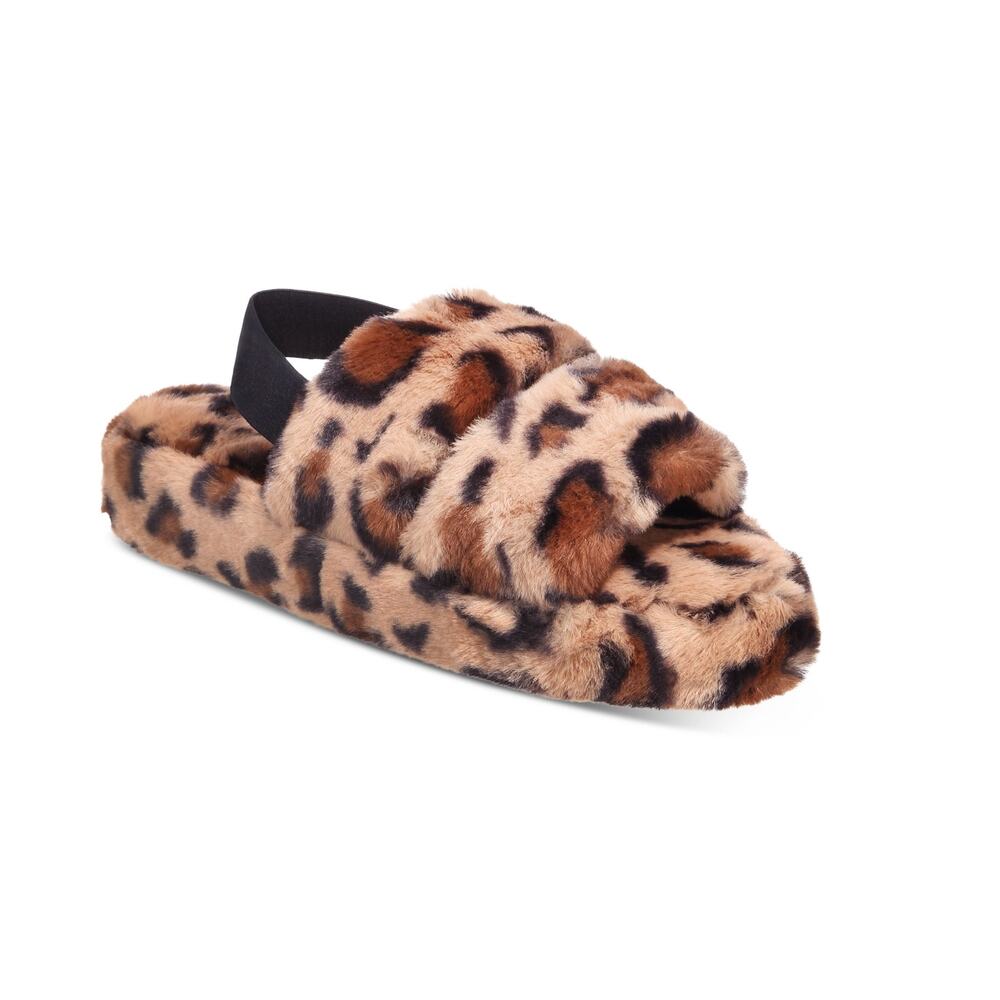 Jenni Plush Leopard Faux Fur Slide Slippers Women Size XL 11 12 New